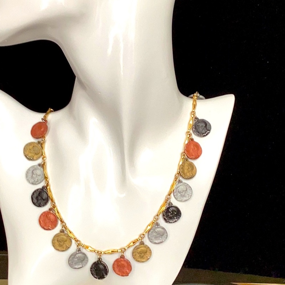 Multi Colored Coin Necklace and Double strand Bracelet, one of a kind pi…
